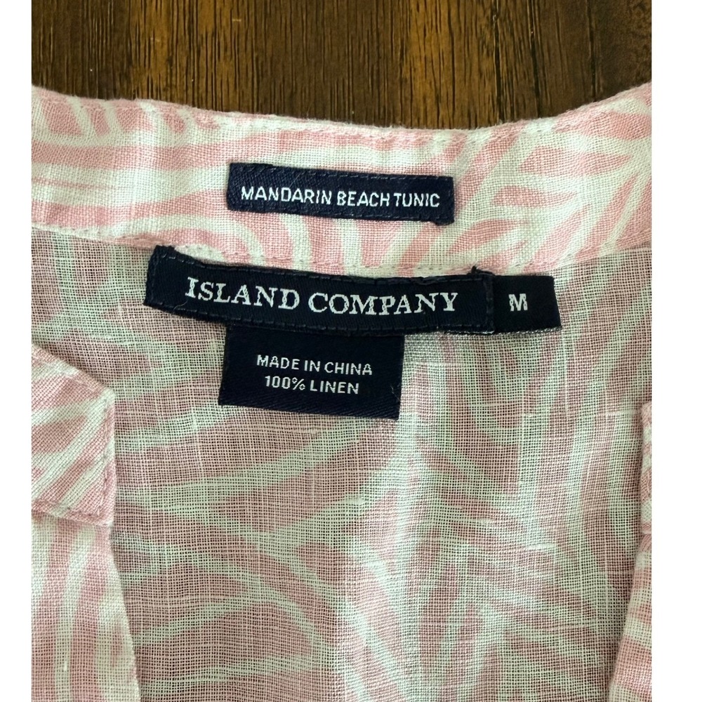 Island Company Mandarin Beach Tunic Pink White Leaf Print 100%‎ Linen Womens M - Picture 7 of 11